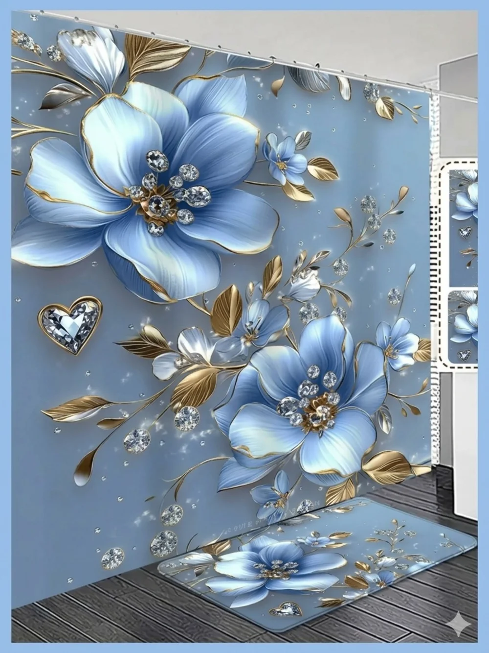 Blue Floral Elegant & Gorgeous 2D Luxury Shower Curtain with Gold Accents